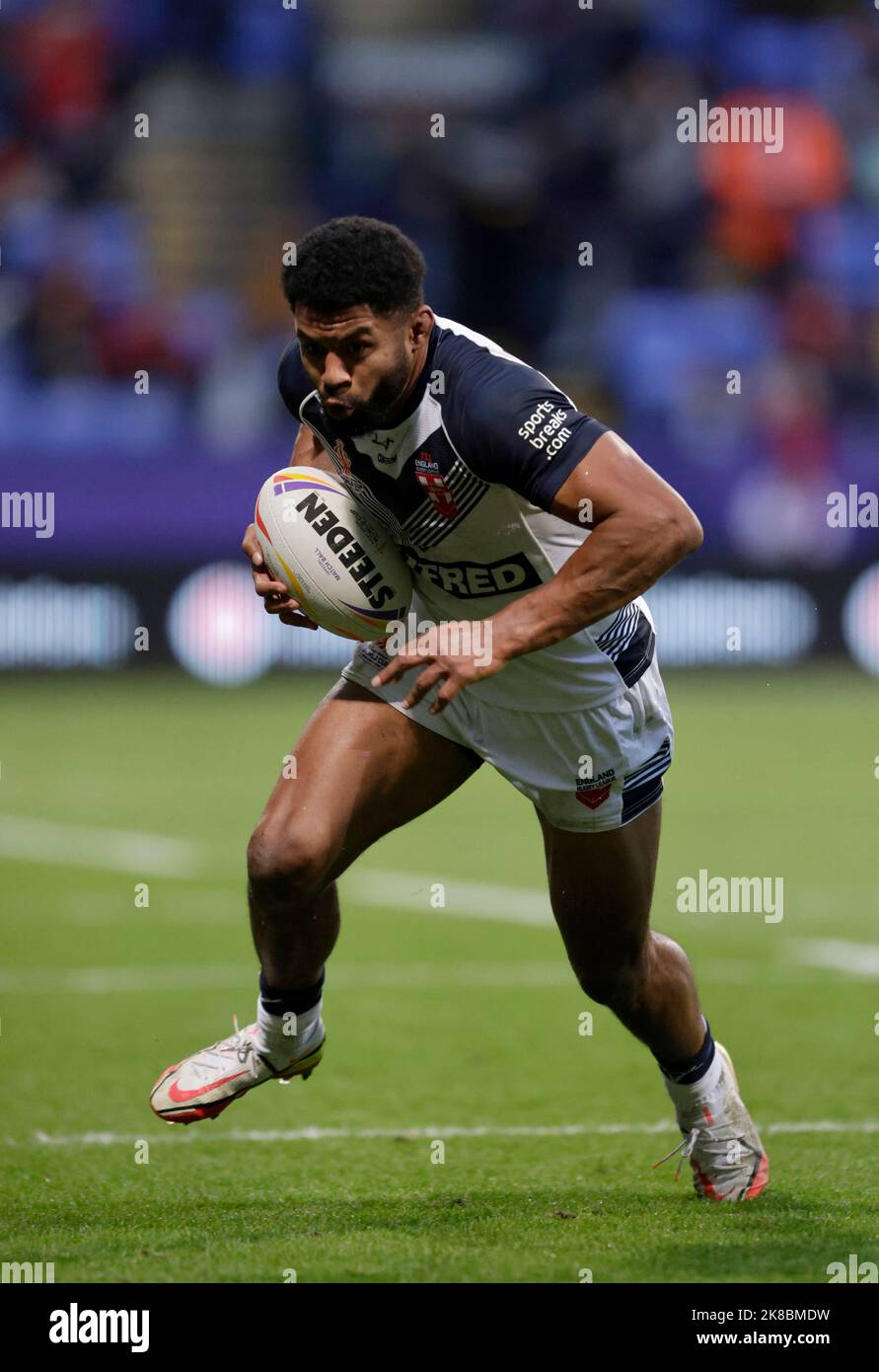 Der englische Kallum Watkins während des Rugby League World Cup-Spiels der Gruppe A im University of Bolton Stadium, Bolton. Bilddatum: Samstag, 22. Oktober 2022. Stockfoto