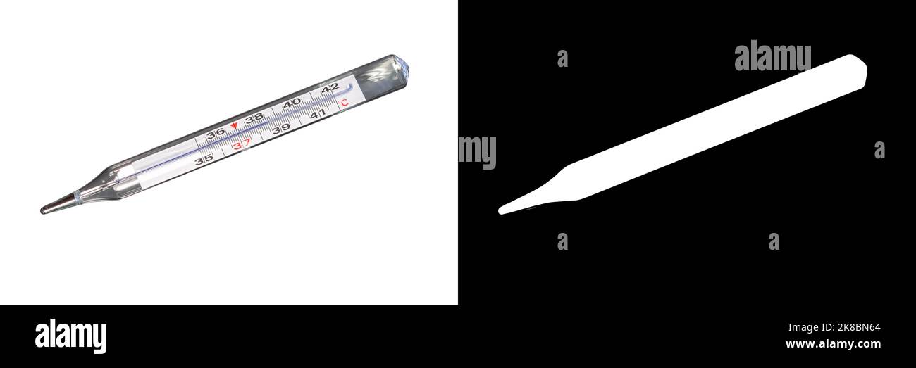 Analoges klinisches Thermometer, quecksilberfrei, in Grad Celsius, was auf eine Temperatur von 38,5 Grad Celsius hinweist. Fieber oder Krankheit Konzept. Isolat Stockfoto