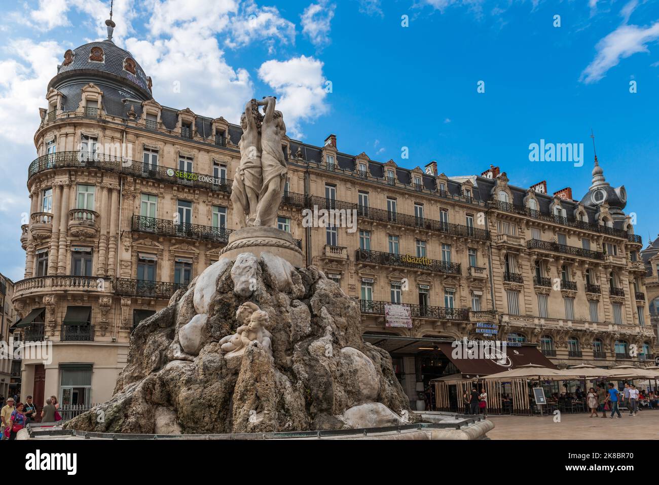 Brunnen der drei Grazien, Comedy-Platz, in Montpellier, Oczitanie, Frankreich Stockfoto