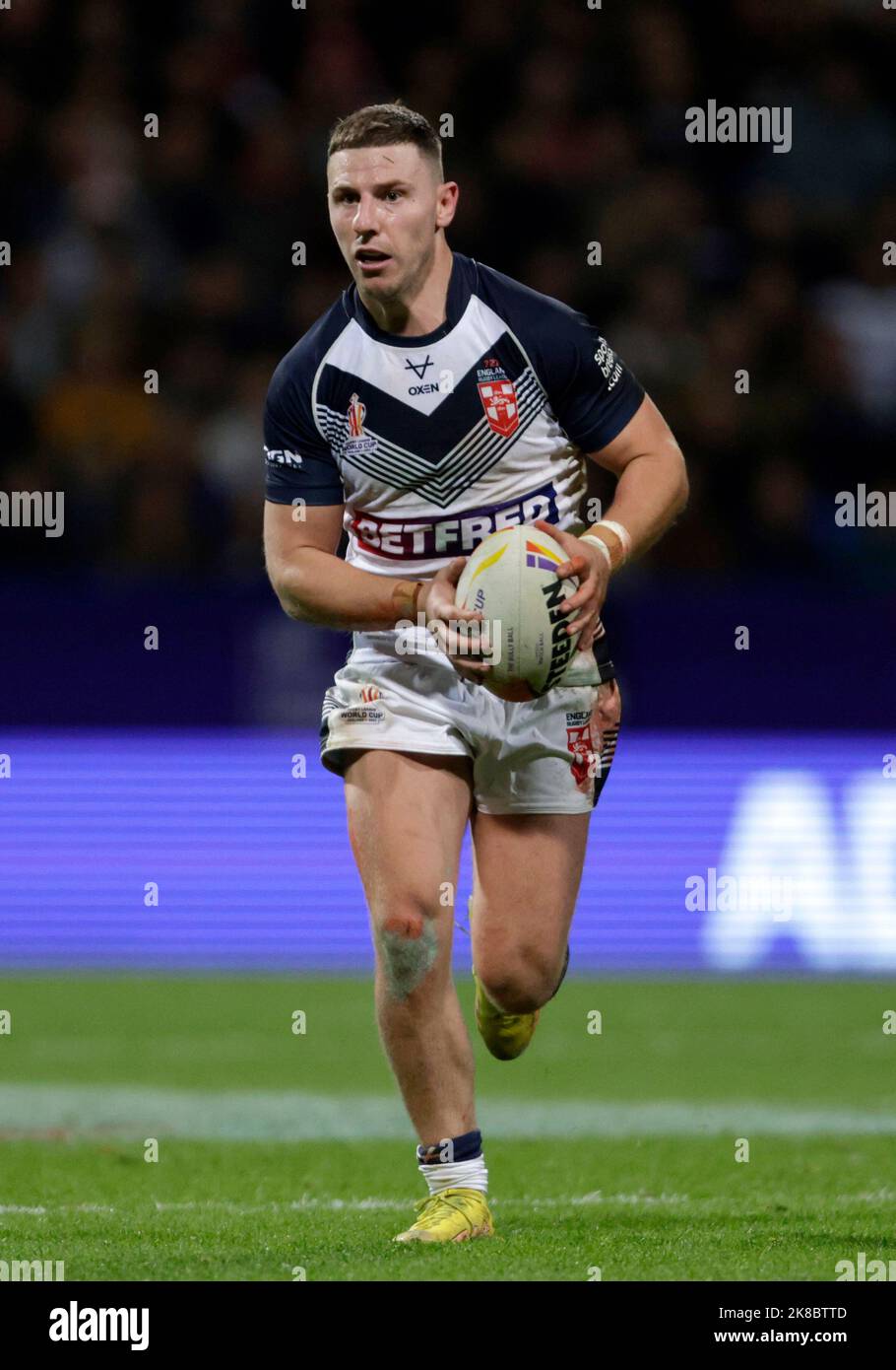 Der englische George Williams während des Rugby-League-Weltcup-Spiels der Gruppe A im University of Bolton Stadium, Bolton. Bilddatum: Samstag, 22. Oktober 2022. Stockfoto