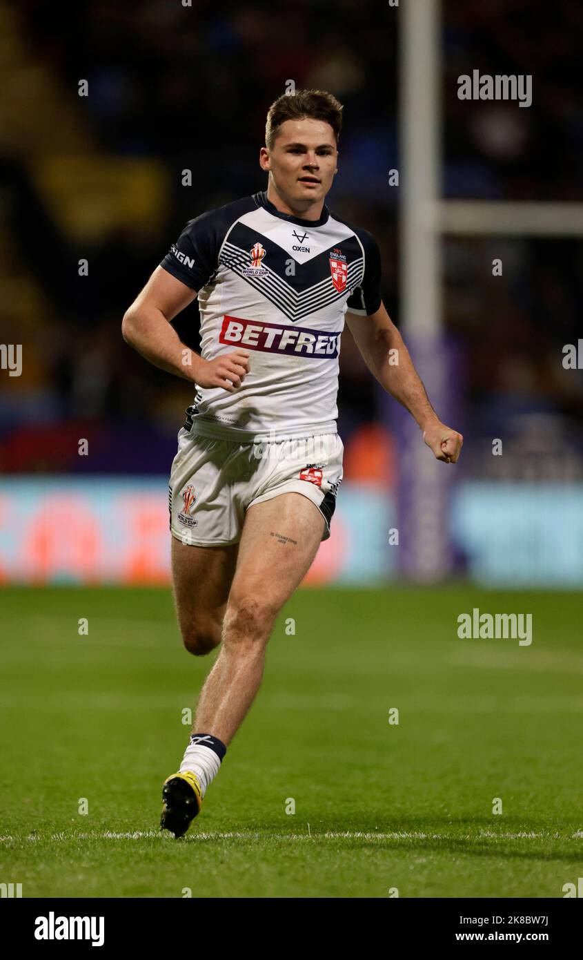 Der englische Jack Welsby während des Rugby League World Cup-Spiels der Gruppe A im University of Bolton Stadium, Bolton. Bilddatum: Samstag, 22. Oktober 2022. Stockfoto