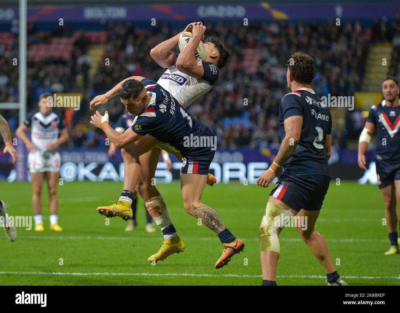 Bolton, , Großbritannien am 22. Oktober 2022. England V Frankreich : Rugby League World Cup University of Bolton Stadium, Bolton, Großbritannien während der Rugby League World Cup 2021 Gruppe Ein Spiel zwischen England V Frankreich im University of Bolton Stadium, Bolton, Großbritannien am 22. Oktober 2022 . ( Kredit: Craig Cresswell/Alamy Live News Stockfoto