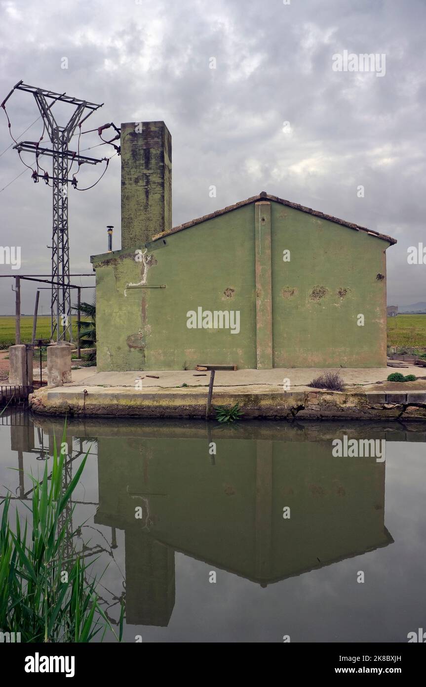 Grünes Haus neben dem Bewässerungskanal der Reisfelder. Stockfoto