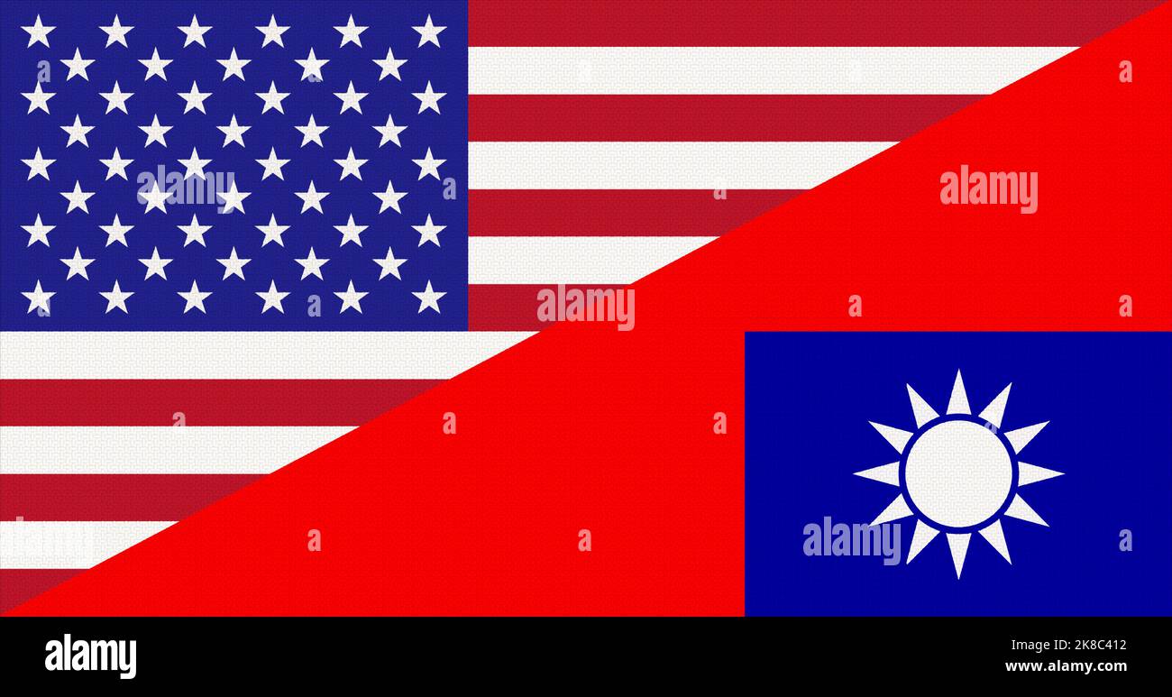 Flagge Taiwans und der USA auf strukturiertem Stoff. Das Konzept der Zusammenarbeit zwischen den beiden Ländern. Stockfoto