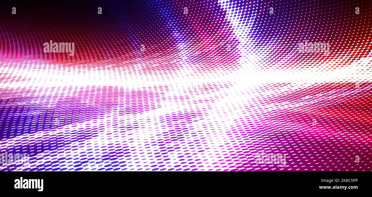 Abstrakte, dunkel gepunktete Oberfläche in Blau-, Rot- und Magenta-Tönen mit Halbton- und Lichteffekten. Perspektivische Vektorgrafik Hintergrund Stock Vektor