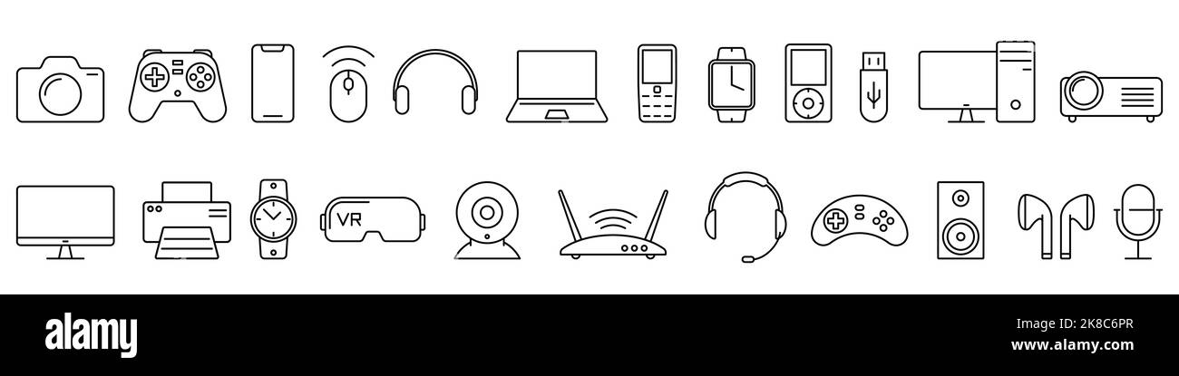 Gerätesymbole eingestellt. Schwarze lineare Gadget-Symbole. Vektorgrafik. Sammlung von Gerätesymbolen Stock Vektor