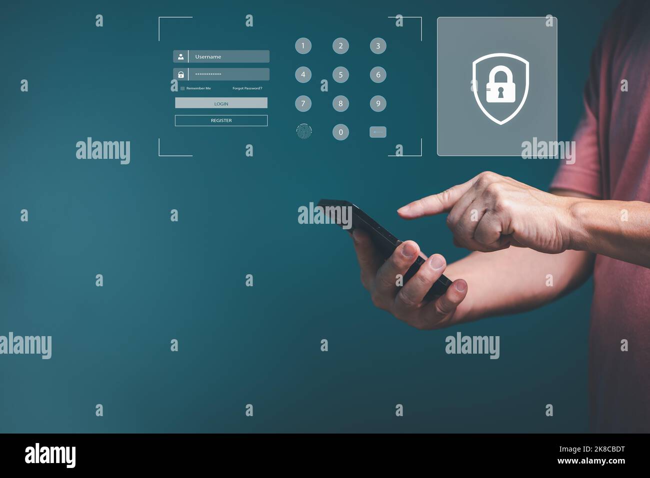 Mann Hände mit Smartphone melden Sie sich bei der Website-Anwendung mit Benutzername, Passwort und Fußabdruck für Cyberspace-Sicherheit Schutz, Kopierraum. Stockfoto
