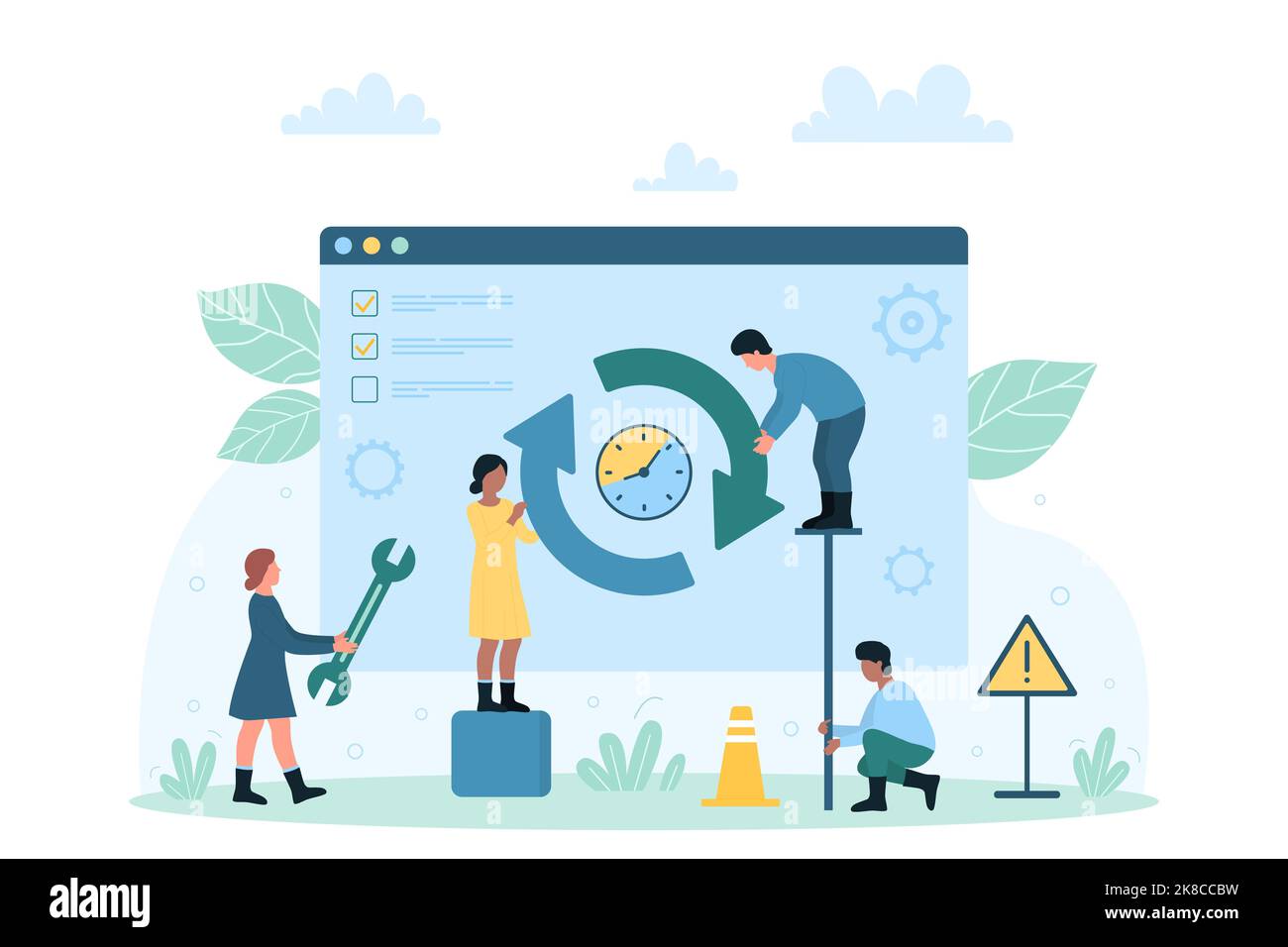 Vorgang des Herunterladens der Vektorgrafik für die neue Softwareversion. Cartoon winzigen Menschen aktualisieren und laden Betriebssystem, Zeichen laden digitales Produkt auf Computer und aktualisieren Download-Status Stock Vektor