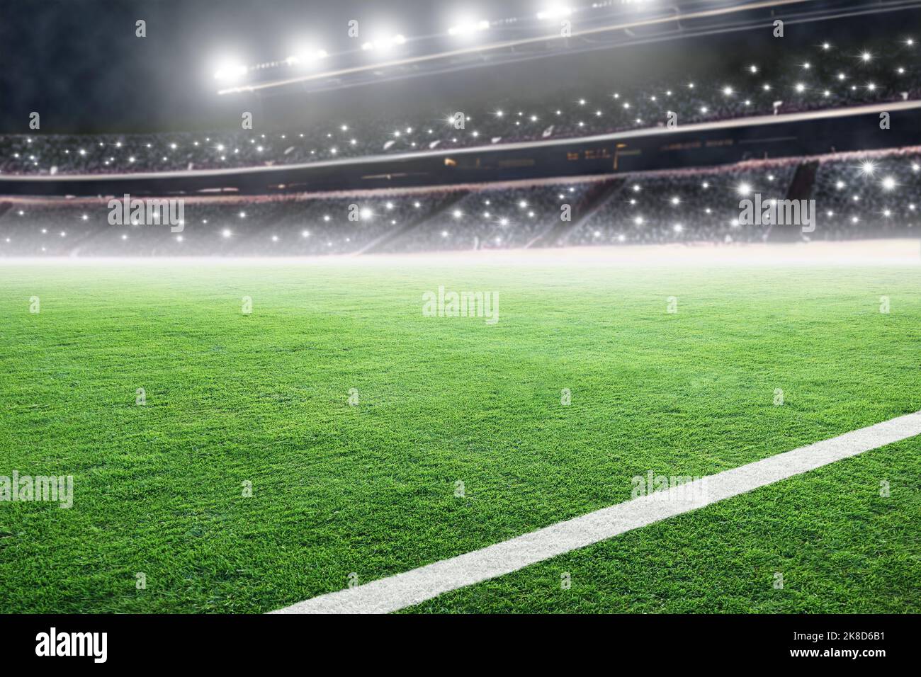 Hell erleuchtetes fiktives Outdoor-Sportstadion mit Zuschauern und Kamerablitzen. Geeignet für Fußball, Fußball, Baseballspiele, Rugby und Cricket. F Stockfoto