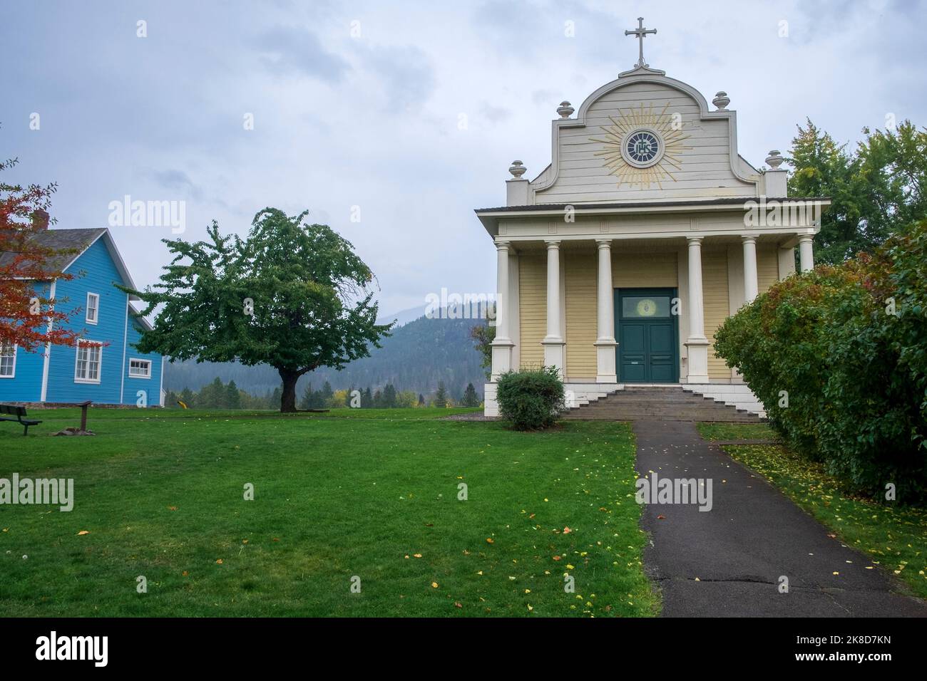 Cataldo Mission, eine alte Jesuitenmissionskirche im Idaho Panhandle, ältestes Gebäude in Idaho Stockfoto