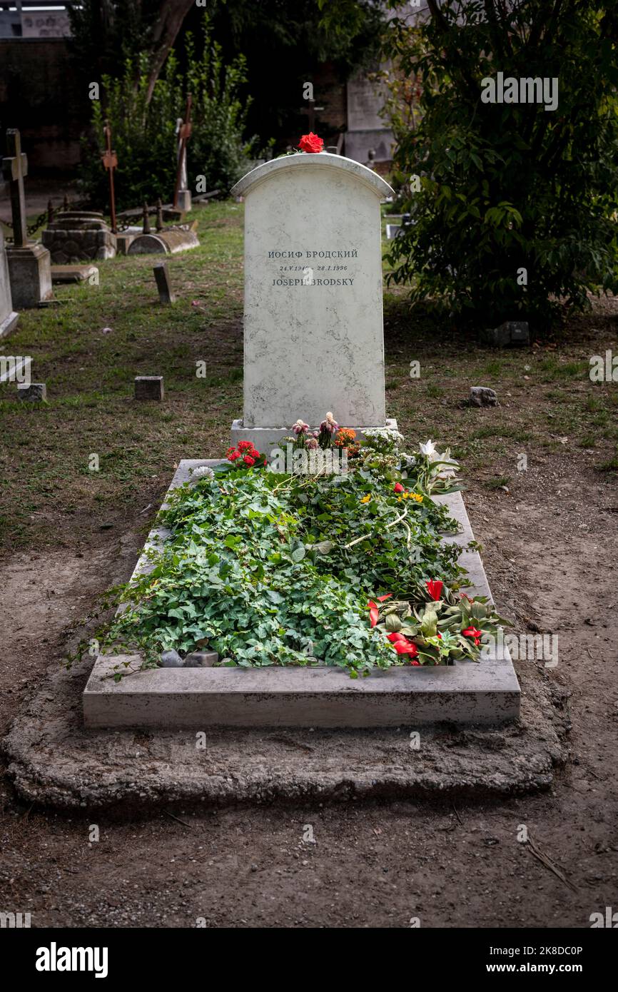 Das Grab des russischen Dichters Joseph Brodsky auf dem Friedhof von San Michele in der Lagune von Venedig Stockfoto