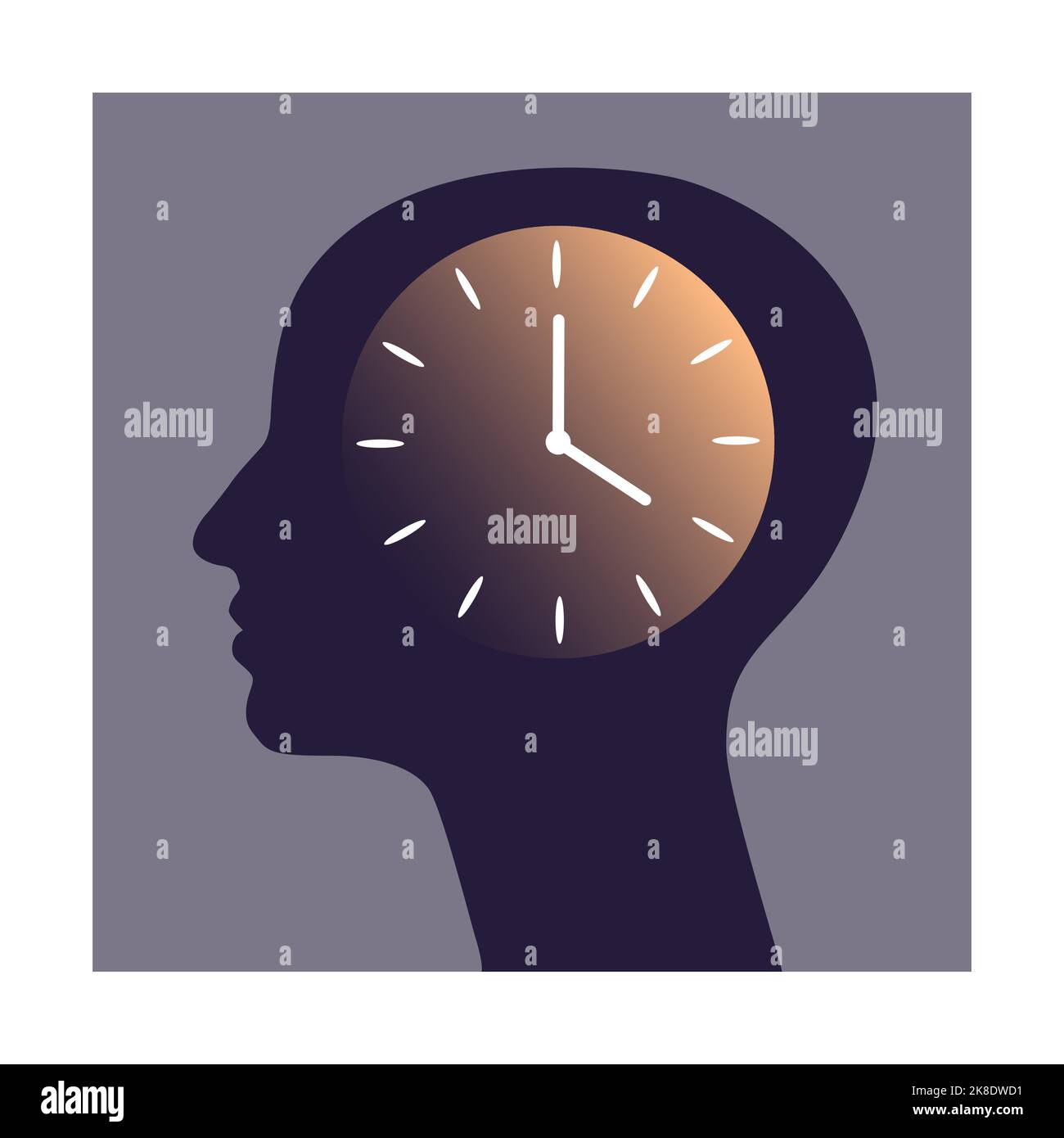 Kopf Silhouette mit Uhr. Konzept des zirkadianen Rhythmus oder Zeitmanagements. Stock Vektor