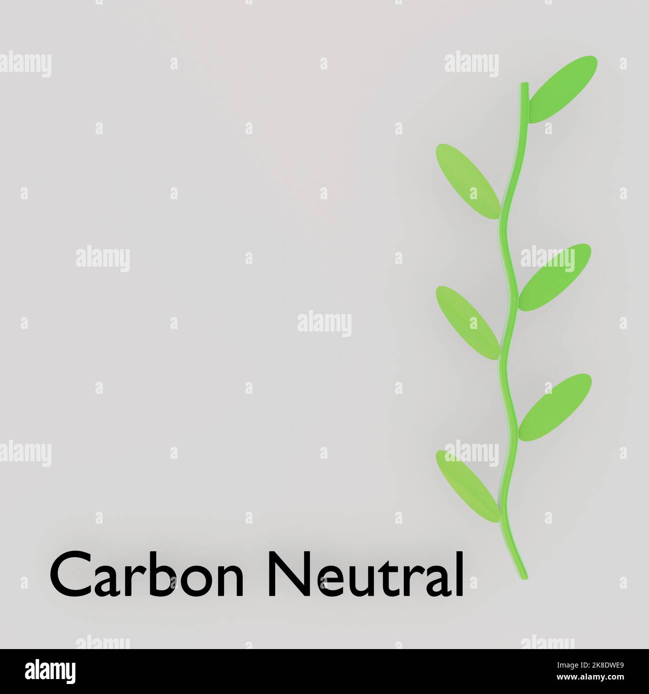 3D Illustration eines grünen Stiels mit dem Titel Carbon Neutral, isoliert auf Grau. Stockfoto