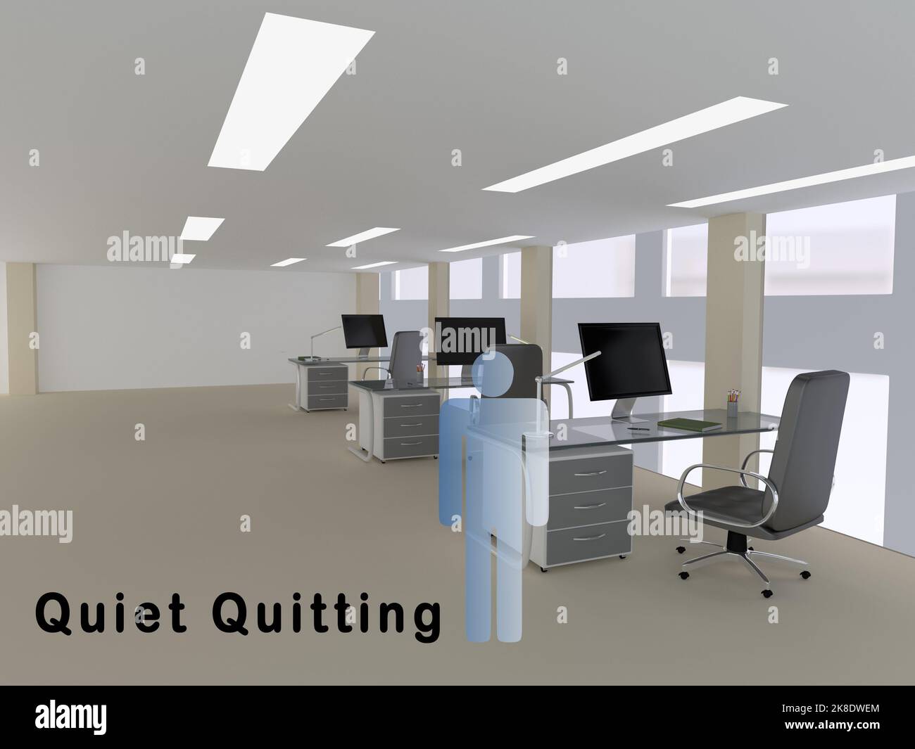 3D Illustration eines verblassenden Bildes einer Person in einem Arbeitsbereich, mit dem Skript Quiet Quitting. Stockfoto