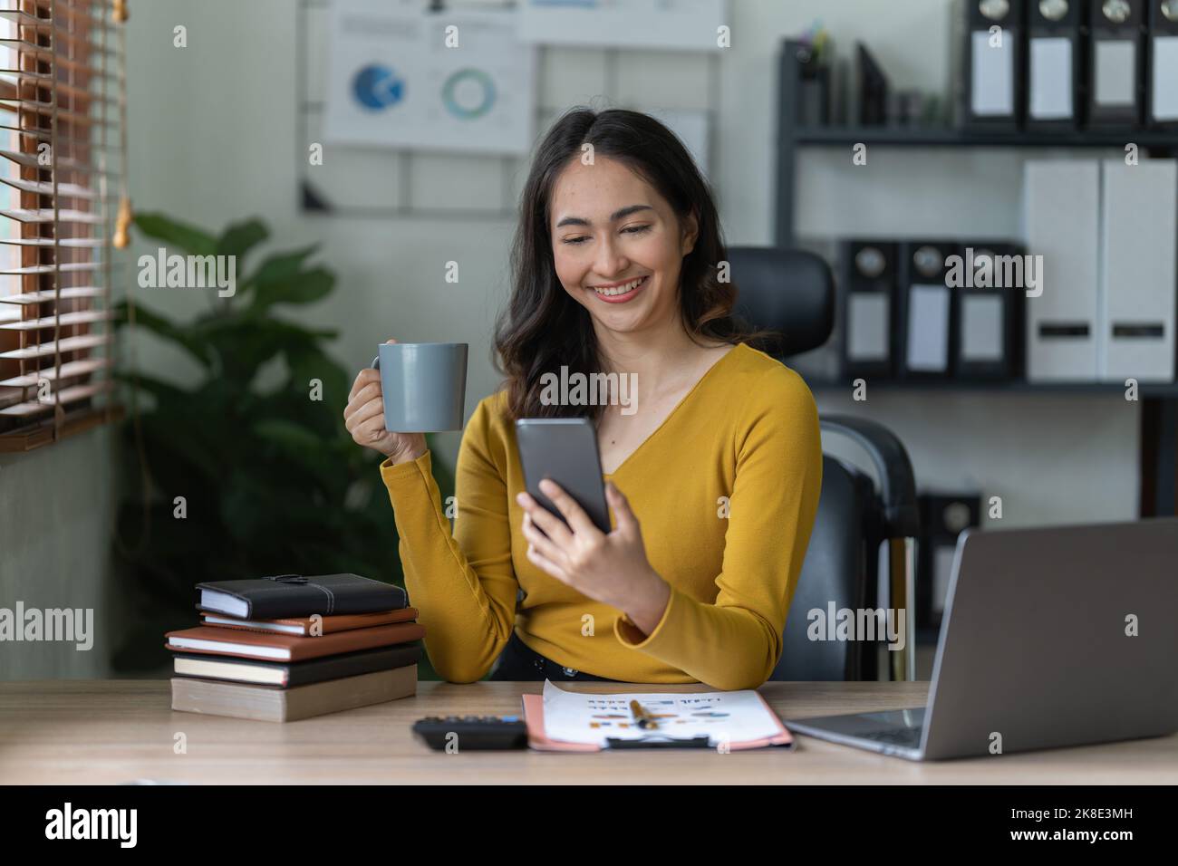 Eine Geschäftsfrau vervollständigt KYC mithilfe eines Online-Banking-Programms, um ein digitales Sparkonto zu eröffnen. Die Definition von Cyber-Sicherheit Stockfoto