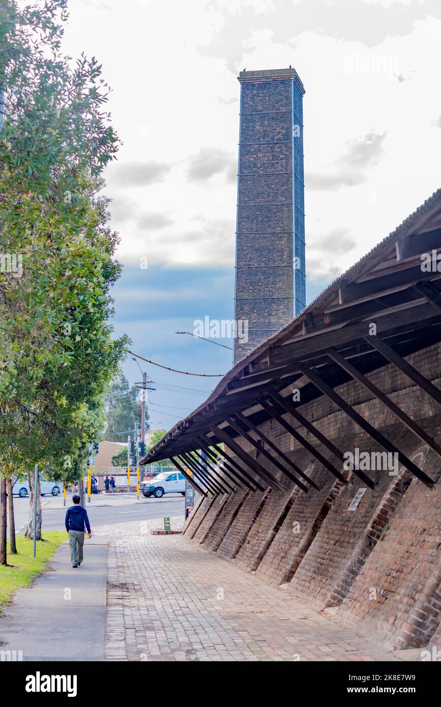 Einer der denkmalgeschützten, alten Backsteinofen-Schornsteine, die im Sydney Park, Alexandria, New South Wales, Australien, aufbewahrt werden Stockfoto