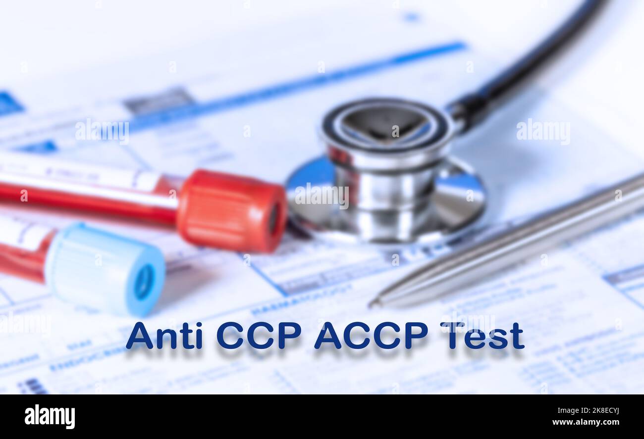 Anti CCP ACCP Test Testing Medical Concept. Checkup Liste medizinischer Tests mit Text und Stethoskop Stockfoto