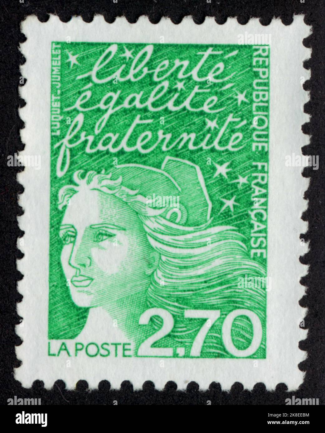 TIMBRE NON OBLATÉS MARIANNE VERTE DE LUQUET JUMELET. LIBERTÉ. ÉGALITÉ. FRATERNITÉ. RÉPUBLIQUE FRANCAISE. LA POSTE. 2,70 Stockfoto