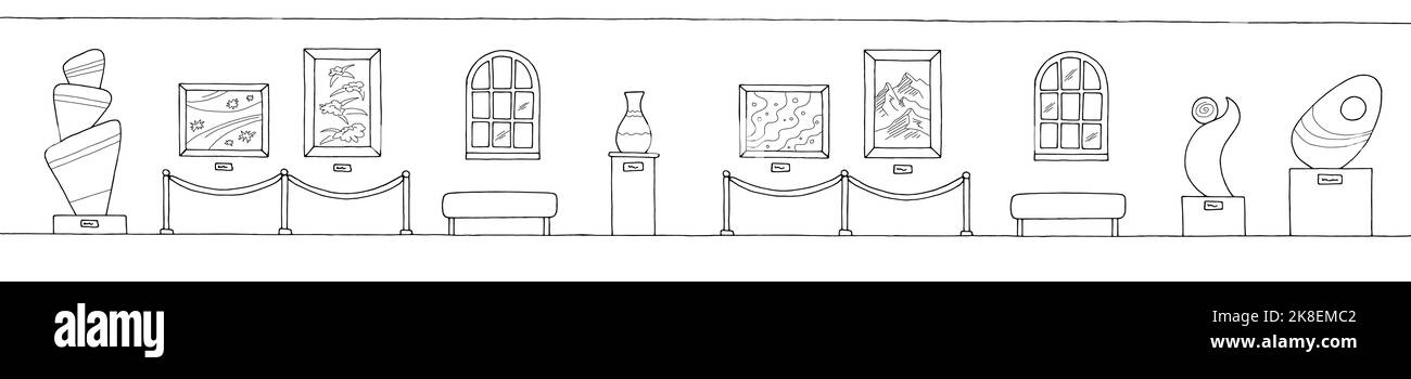 Museum Innengrafik schwarz weiß lange Skizze Illustration Vektor Stock Vektor