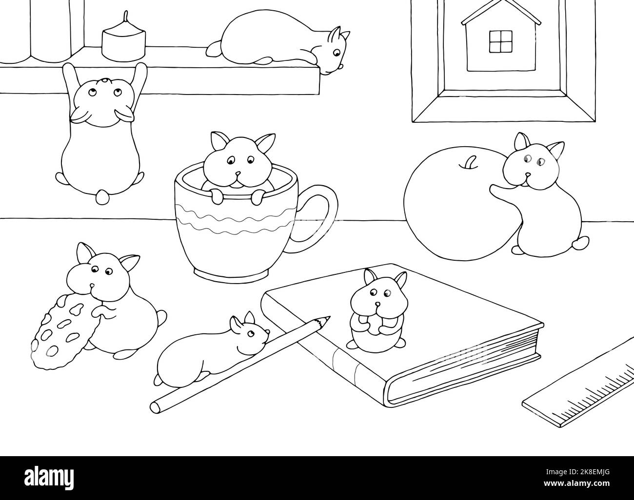 Lustige Hamster spielen auf Tisch Grafik schwarz weiß Skizze Illustration Vektor Stock Vektor