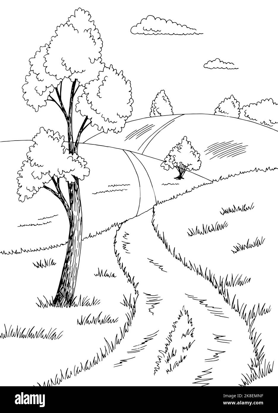 Ländliche Straßengrafik schwarz weiß Landschaft Skizze vertikale Illustration Vektor Stock Vektor