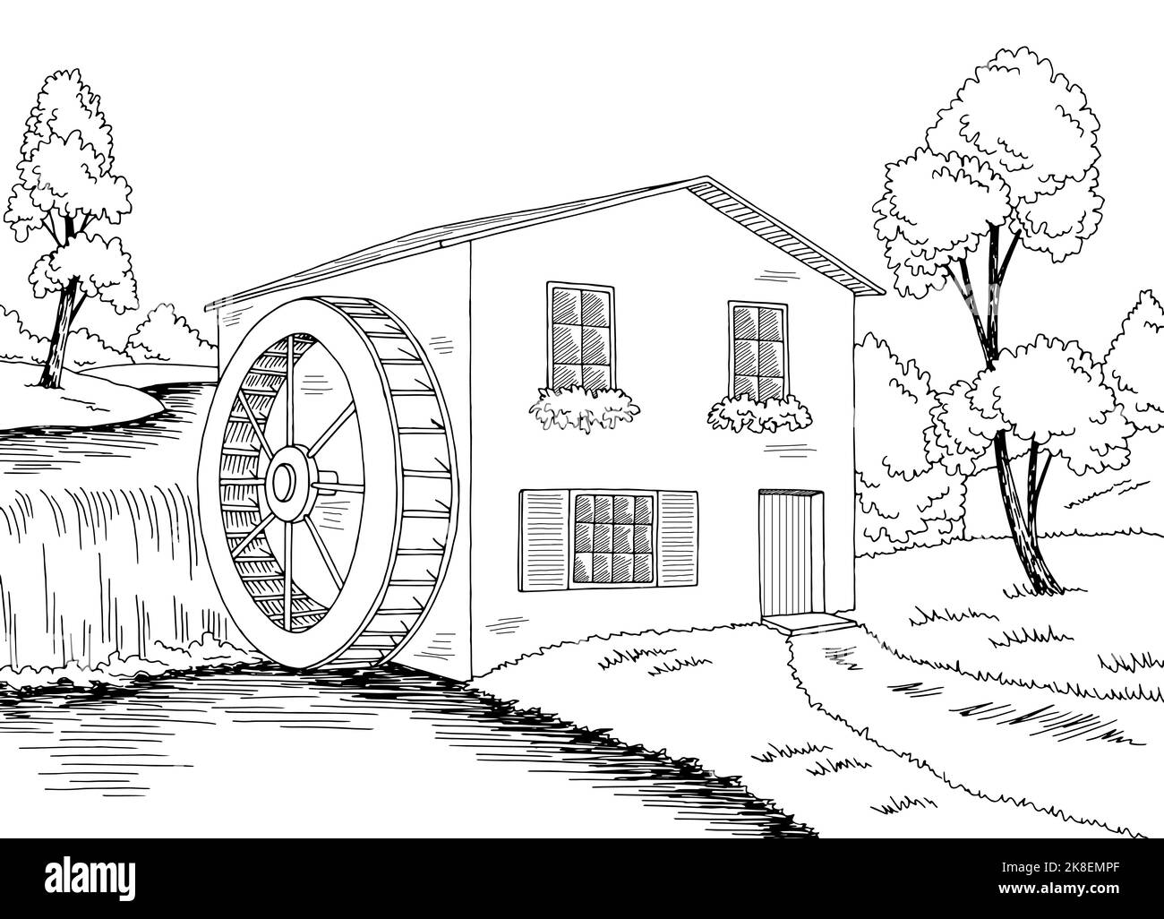 Wassermühle Grafik schwarz weiß Landschaft Illustration Vektor Stock Vektor