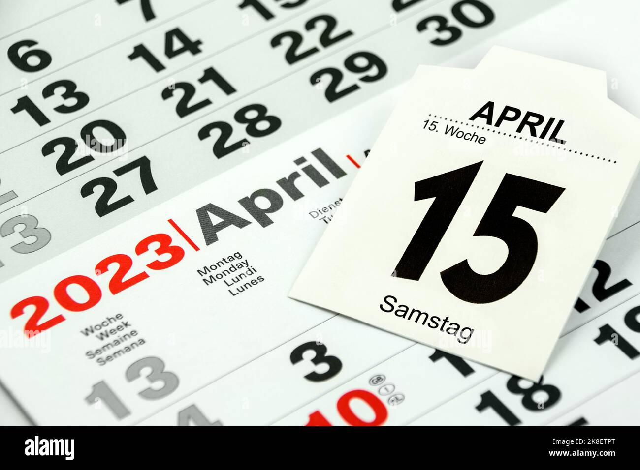 Deutscher Kalender 2023. April 15 Samstag Woche 15 und Montag Dienstag Stockfoto