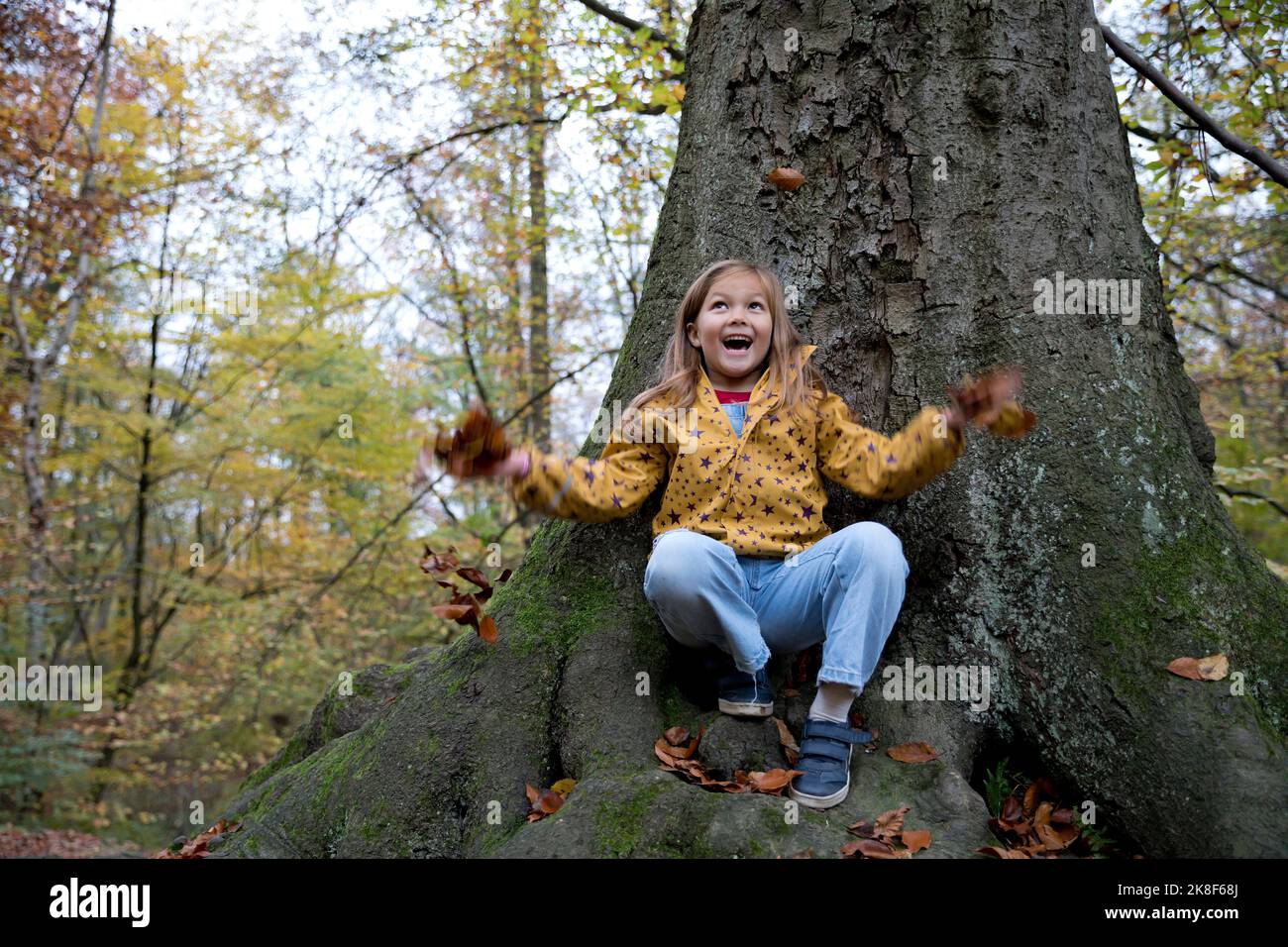 Überrascht Mädchen spielen mit Blättern sitzen auf Baumstamm im Wald Stockfoto