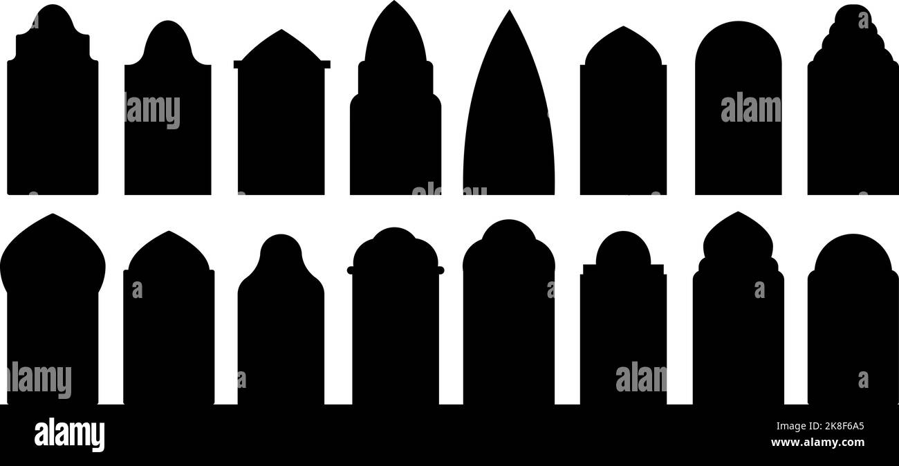 Schwarze islamische Fenster Formen. Traditionelle arabische Retro-Rahmen, orientalische türkische religiöse Silhouetten. Dekorative Moschee Kuppel Form Aufkleber, anständig Stock Vektor