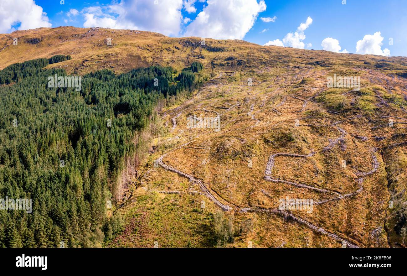 Luftaufnahme der Landschaft mit entwaldeten Gebieten, Lochaber, Schottland Stockfoto