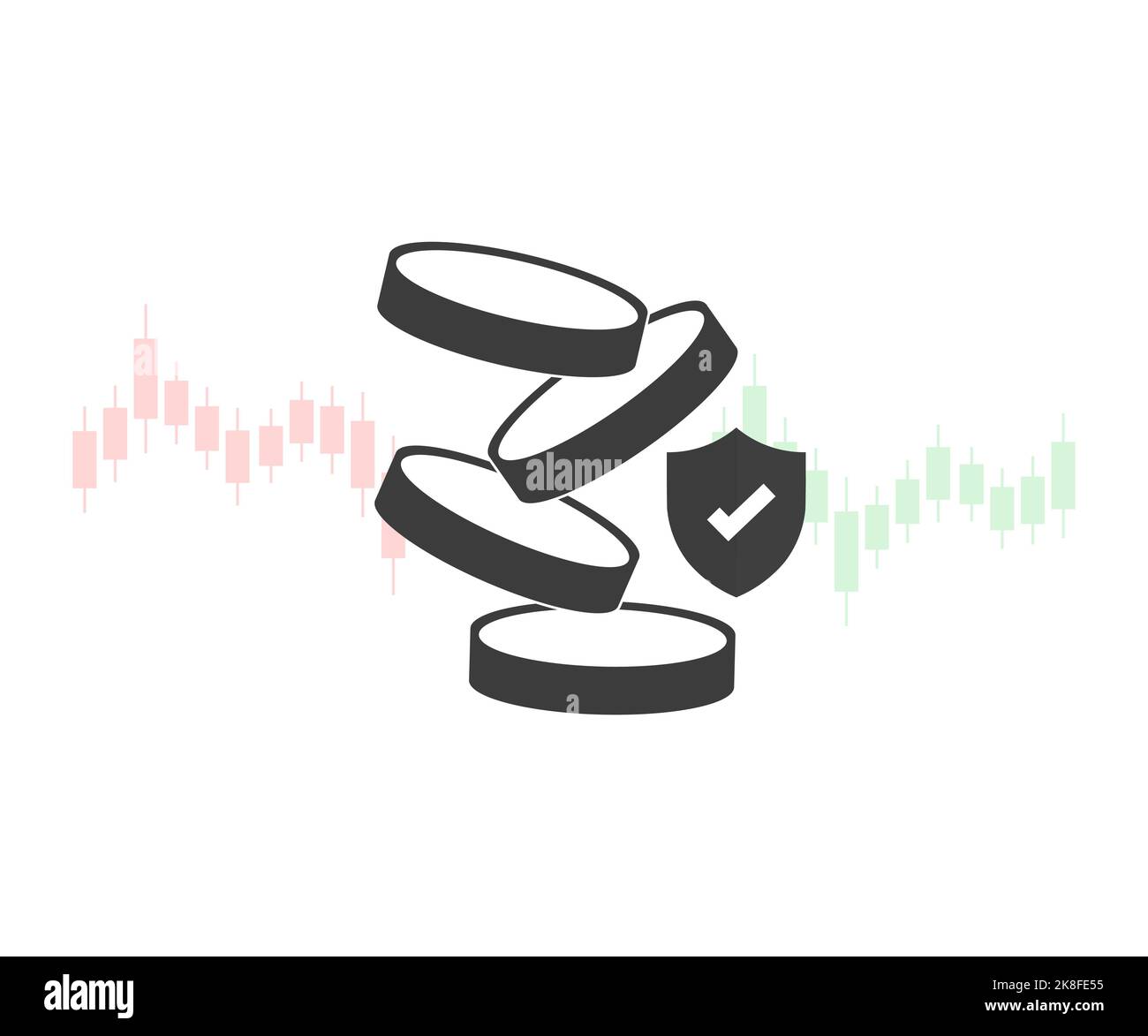 Stapel fliegender Münzen mit Trading Chart im Financial Concepts Logo Design. Wachstum, Abschirmung und Checkmark von Finanzinvestitionsunternehmen. Stock Vektor