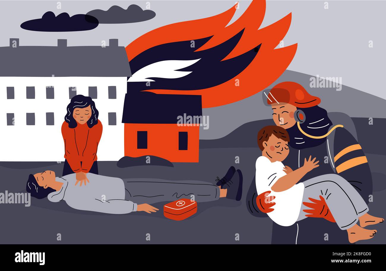 Hilfe der Feuerwehr. Flammlöschverfahren. Feuerwehrleute retten Opfer aus brennendem Haus. Erste Hilfe. Feuerwehrmann trägt Kind Stock Vektor