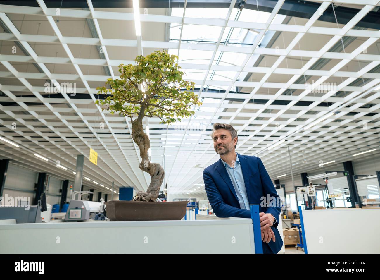 Lächelnder reifer Geschäftsmann, der in der Industrie neben einem Bonsai-Baum steht Stockfoto