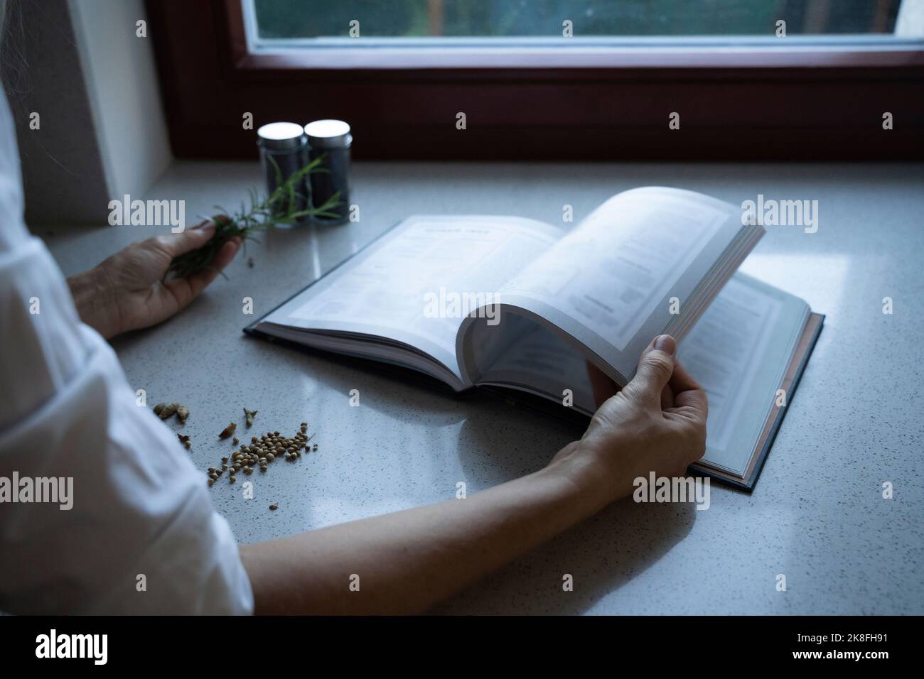 Frau, die ein Kochbuch mit Rosmarin in der Hand dreht Stockfoto