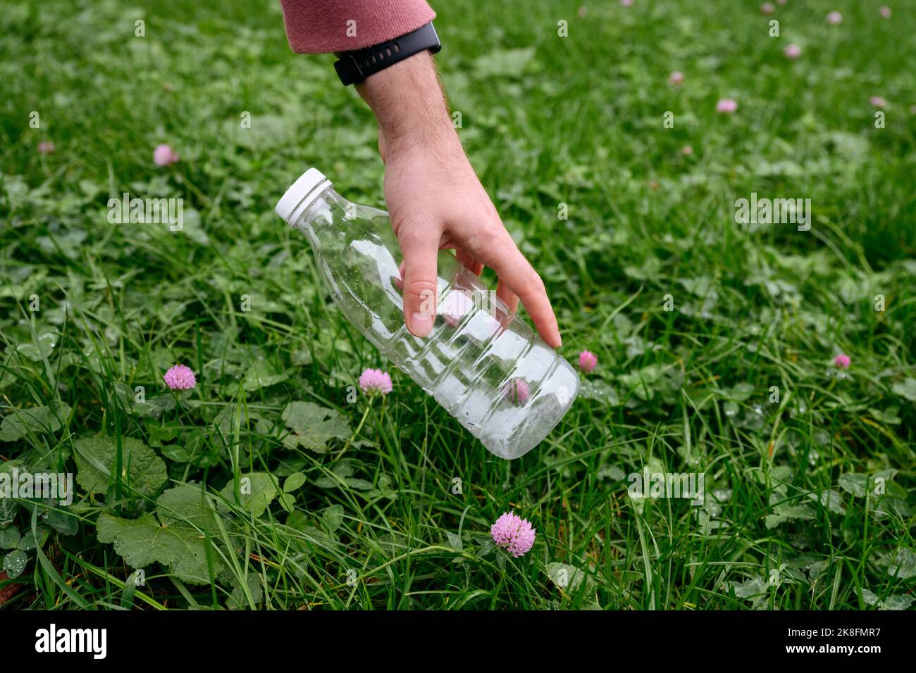 Hand des Mannes, der Plastikflasche vom Gras sammelt Stockfoto