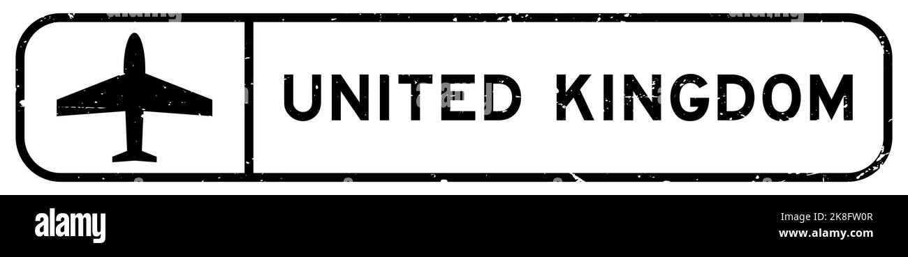 Grunge schwarzes vereinigtes Königreich Wort mit Flugzeug Symbol quadratischen Gummisiegelstempel auf weißem Hintergrund Stock Vektor