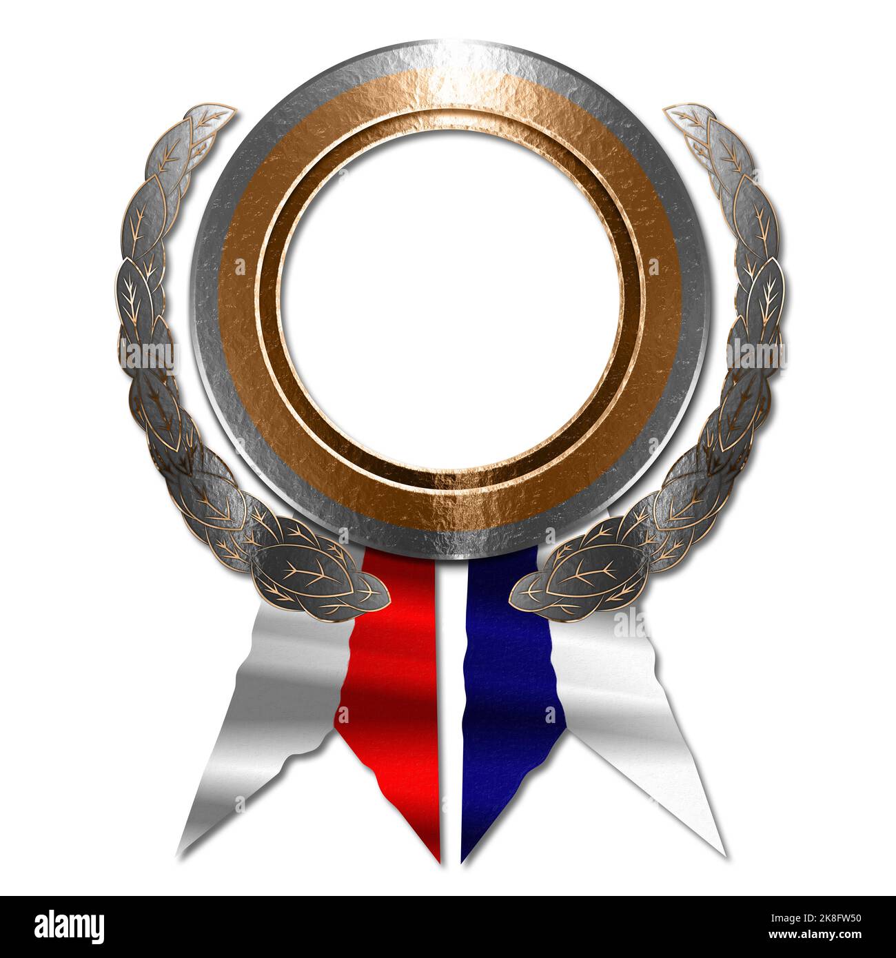 3D Abbildung Silbermedaille mit Bändern weiß und blau mit rot Stockfoto