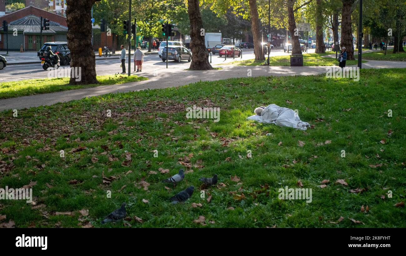 Eine Obdachlose schläft unter den Krähen auf dem Gras bei Shepherds Bush Green in London, Großbritannien. Stockfoto