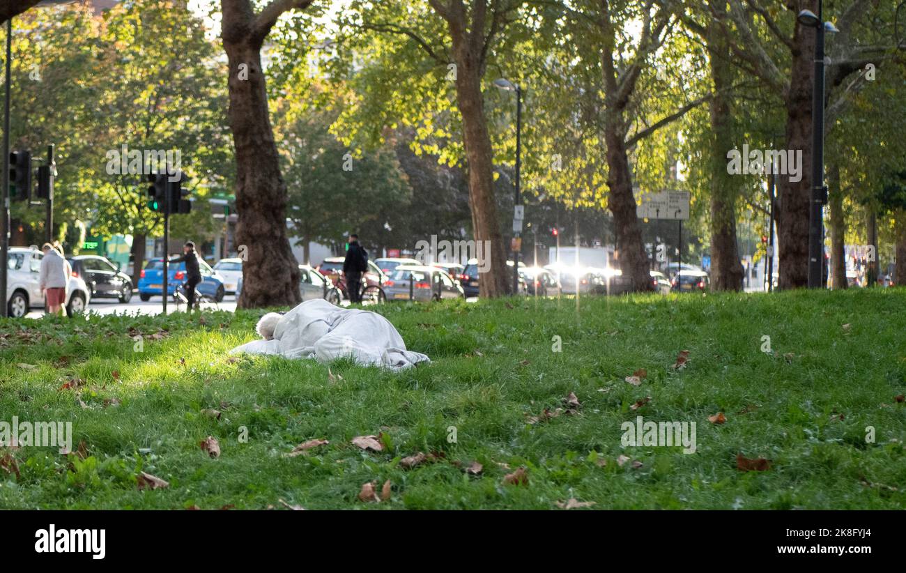 Eine Obdachlose schläft unter den Krähen auf dem Gras bei Shepherds Bush Green in London, Großbritannien. Stockfoto