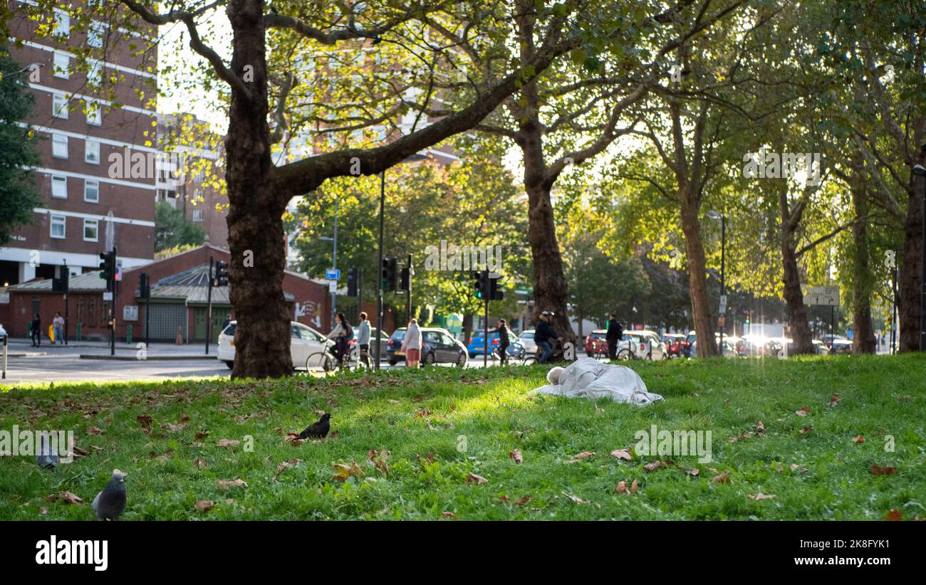 Eine Obdachlose schläft unter den Krähen auf dem Gras bei Shepherds Bush Green in London, Großbritannien. Stockfoto