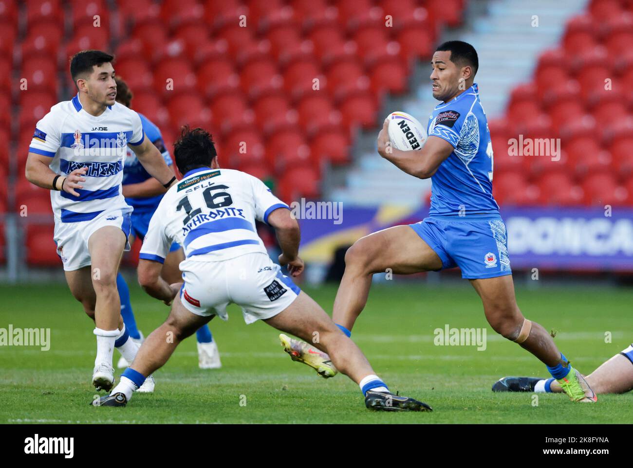 Matt Feagai von Samoa während des Rugby-League-Weltcup-Spiels der Gruppe A im Eco-Power Stadium, Doncaster. Bilddatum: Sonntag, 23. Oktober 2022. Stockfoto