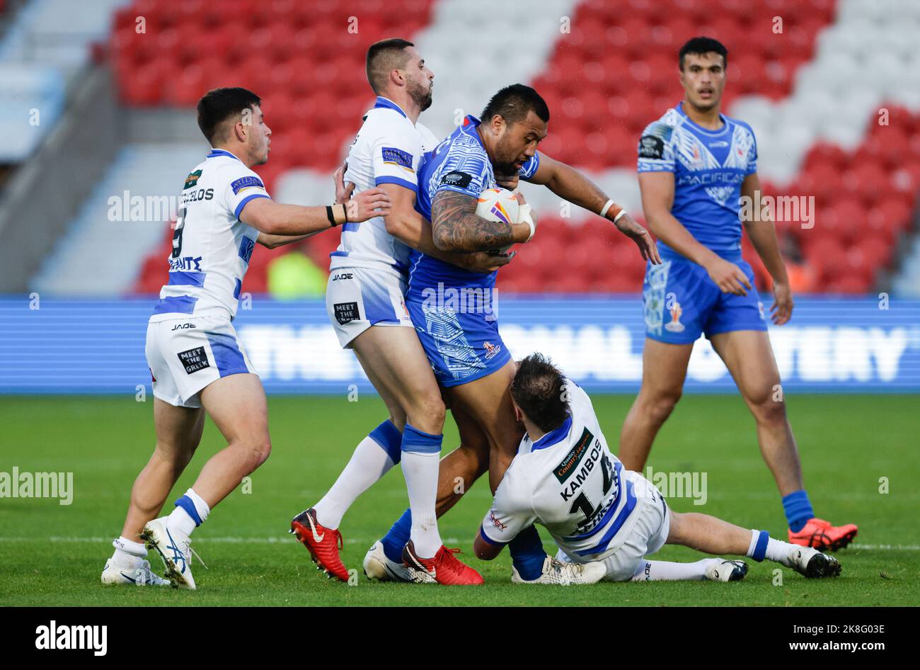 Die Ligi Sao von Samoa während des Rugby-League-Weltcup-Spiels der Gruppe A im Eco-Power Stadium, Doncaster. Bilddatum: Sonntag, 23. Oktober 2022. Stockfoto