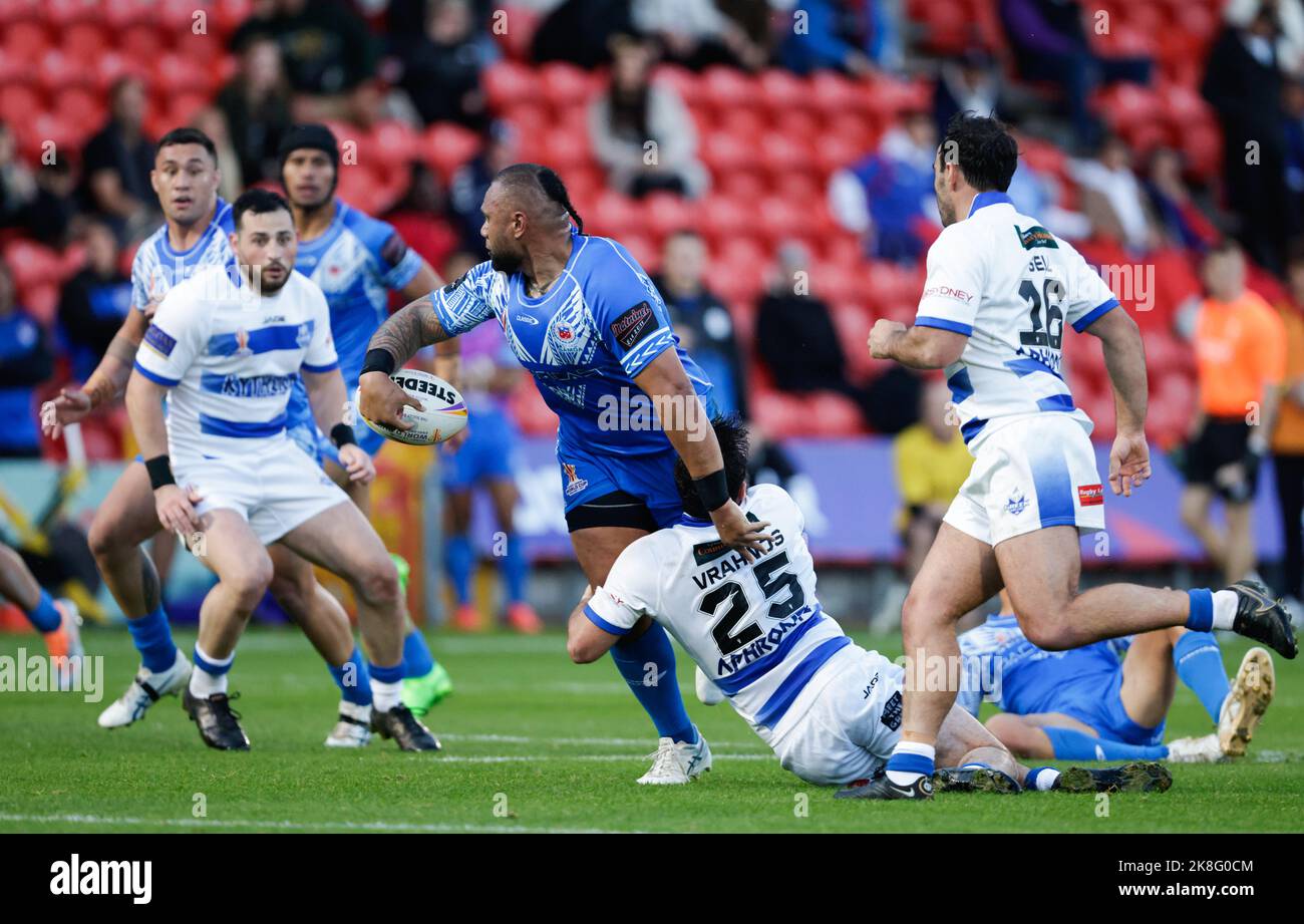 Samoas Junior Paulo während des Rugby League World Cup-Spiels der Gruppe A im Eco-Power Stadium, Doncaster. Bilddatum: Sonntag, 23. Oktober 2022. Stockfoto