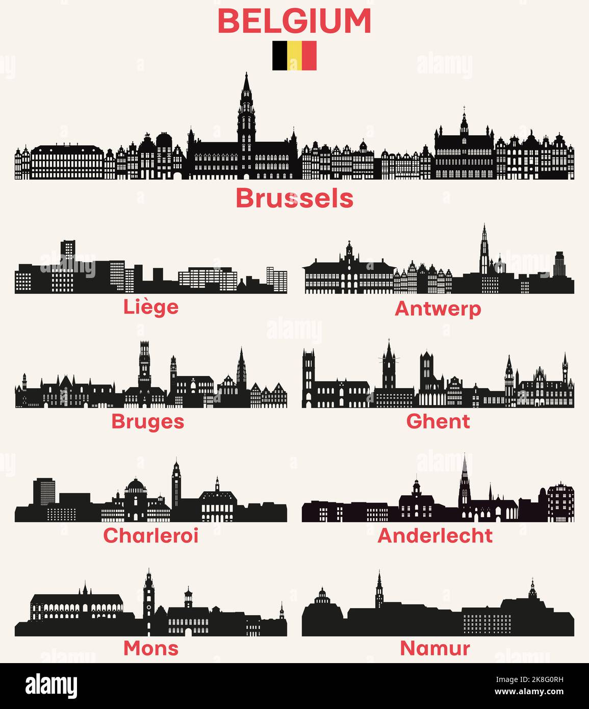 Belgien Städte Skylines Silhouetten Vektorset Stock Vektor