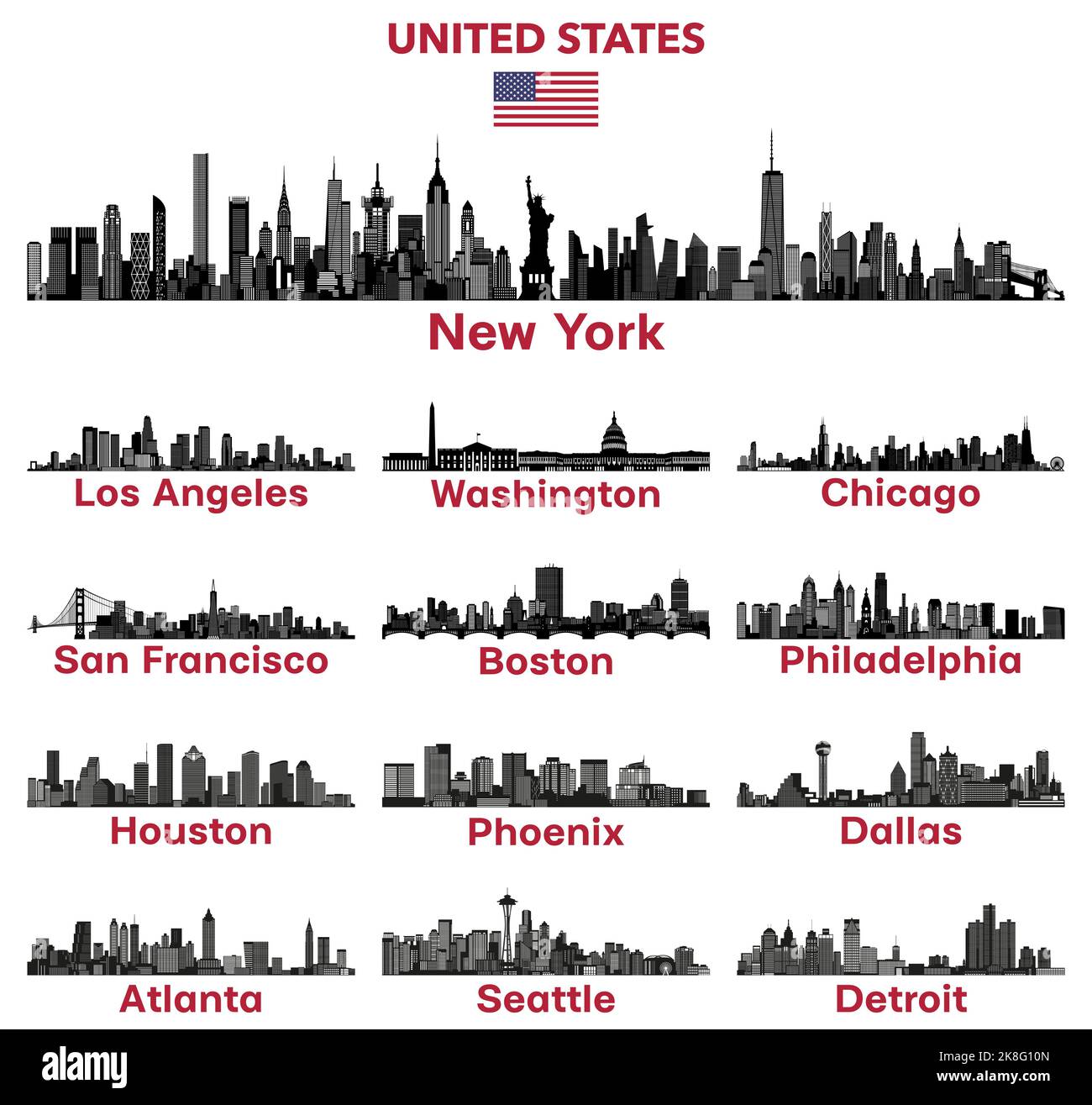United States Cities Skylines Silhouetten Vektor-Illustrationen Stock Vektor