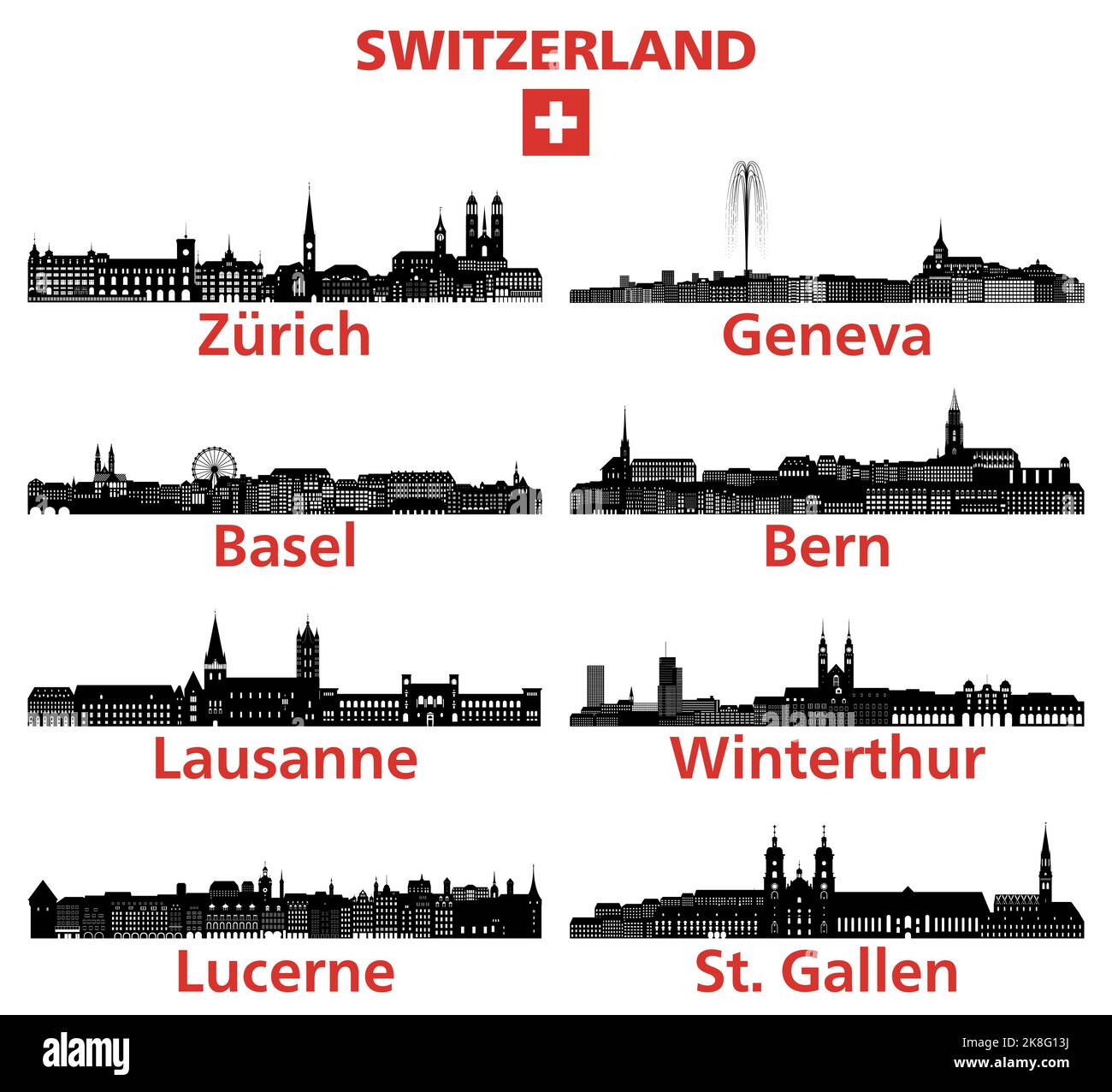 Schweiz Städte Skylines Silhouetten Vektor gesetzt Stock Vektor