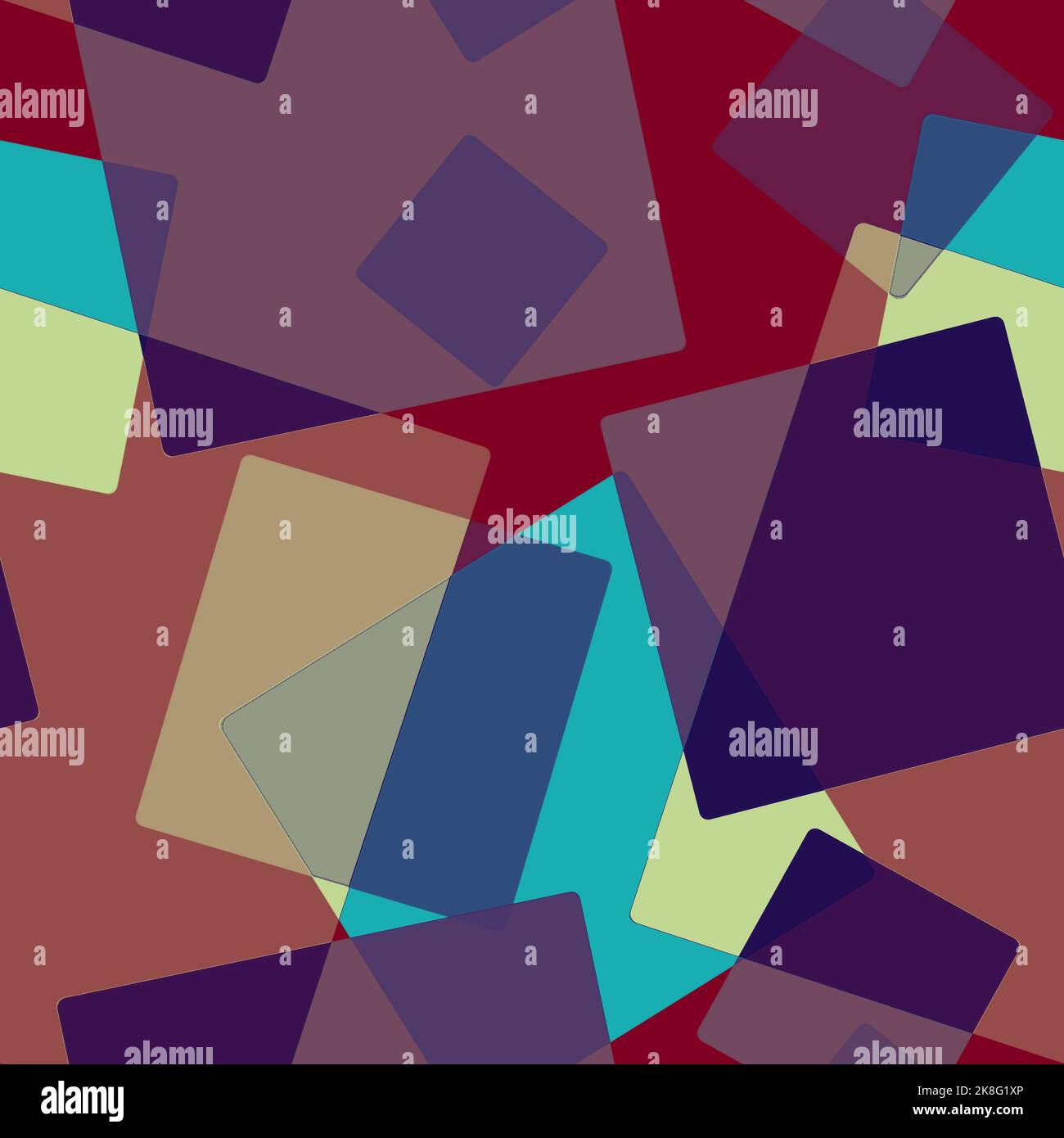 Abstraktes nahtloses Muster von zufällig angeordneten überlappenden transparenten Rechtecken, Quadrate verschiedener Töne auf buntes background.layering Effekt.for fa Stockfoto