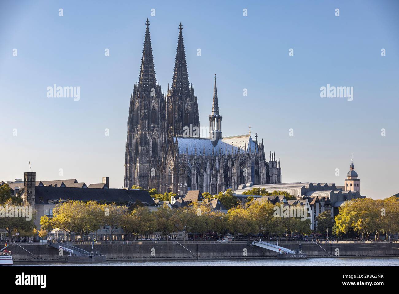 Der Kölner Dom steht an einem strahlenden Herbsttag am Rheinufer Stockfoto