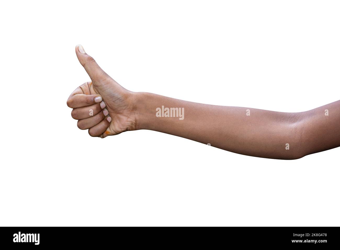 Nahaufnahme der männlichen Hand zeigt Daumen hoch Zeichen vor weißem Hintergrund Stockfoto