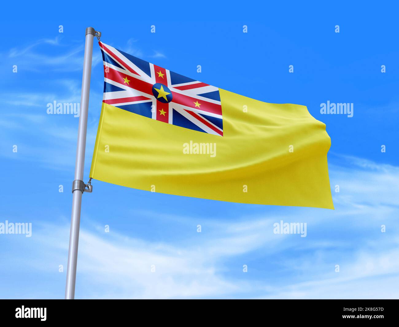 Schöne Niue-Fahne, die im Wind winkt, mit Himmelshintergrund - 3D Abbildung - 3D Rendering Stockfoto